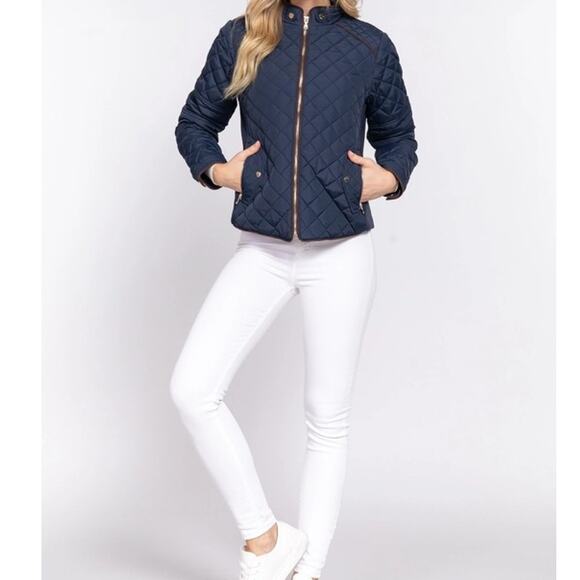 Suede Piping Detail Knit Rib Quilted Padding Jacket Navy Blue - Picture 5 of 6